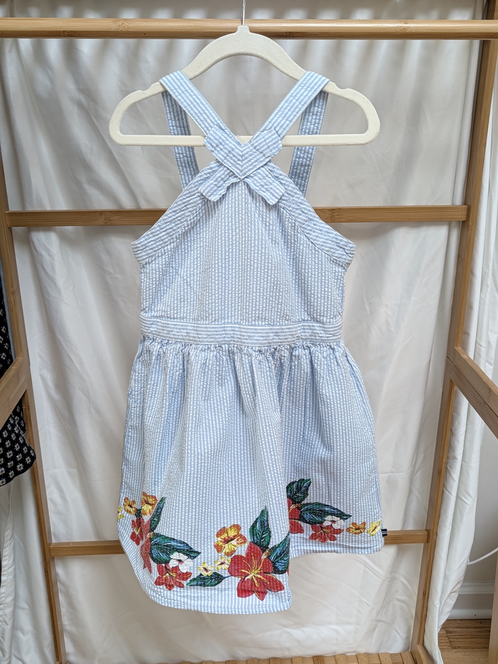 Blue Seersucker Floral-Hem Girls' Sundress